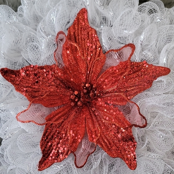 Festive White Mesh Star with Red Glitter Poinsettia - Picture 2 of 11